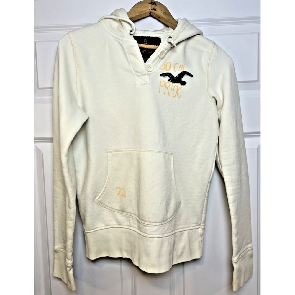 Hollister Hoodie Large‎ Cream Spell Out Applique Pullover 1922 Surf Co Stretch